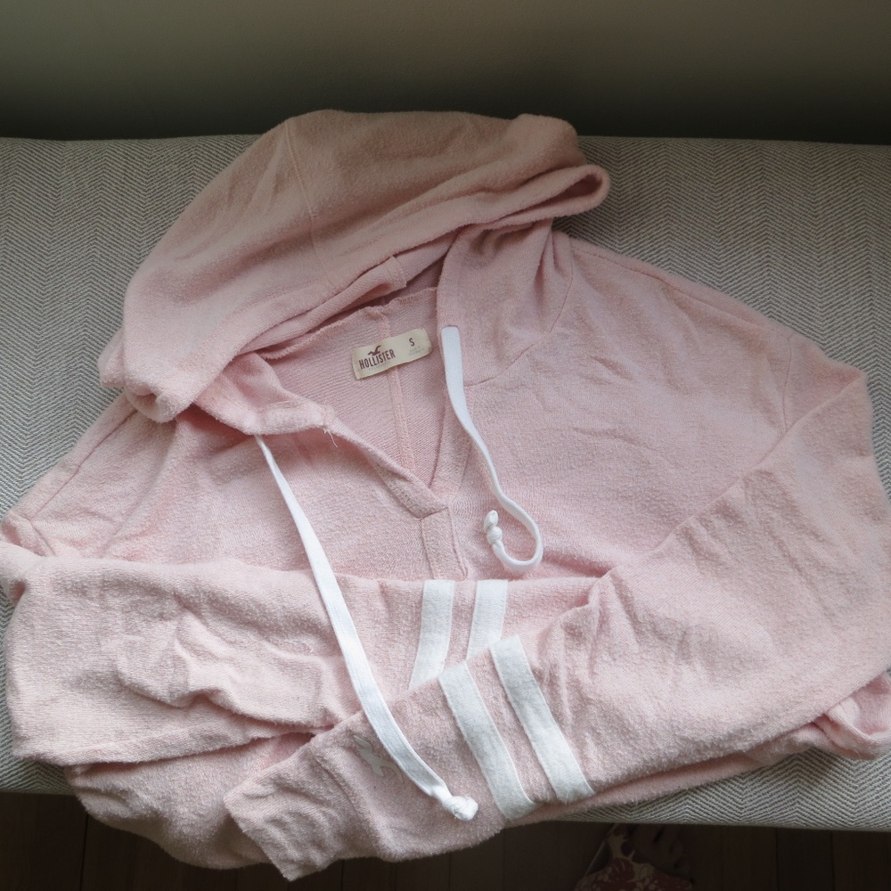 Blush Pink V-neck Hoodie with White Stripes on Sleeves by Hollister Size Small